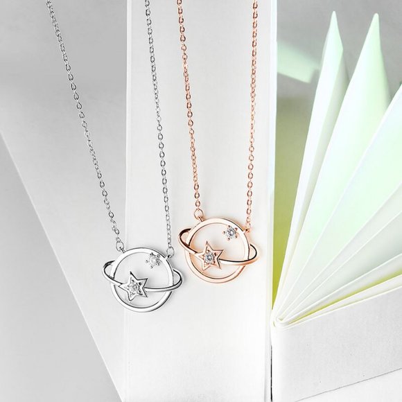 *Rose Gold/Sterling Silver Diamond Planet Necklace - Picture 6 of 7